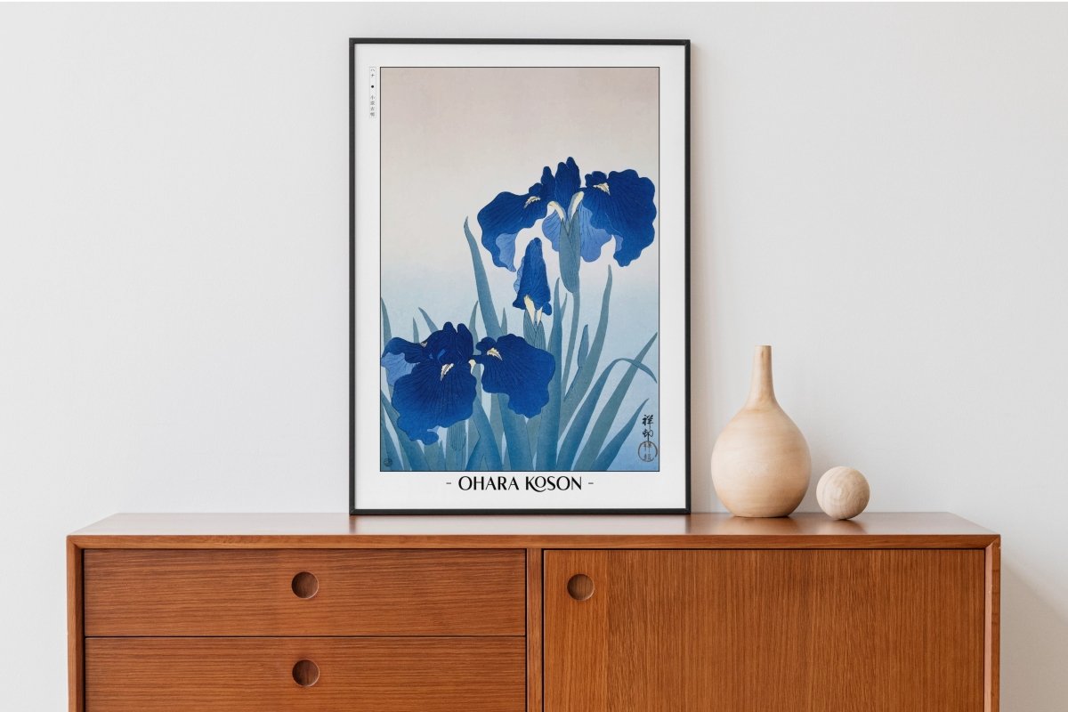 Ohara Koson - Irises - Artist Name with Decor