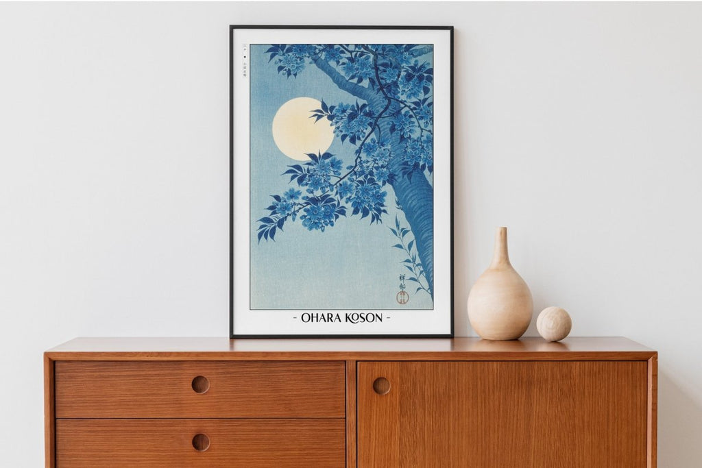 Ohara Koson - Blossoming Cherry on a Moonlit Night - Artist Name with Decor