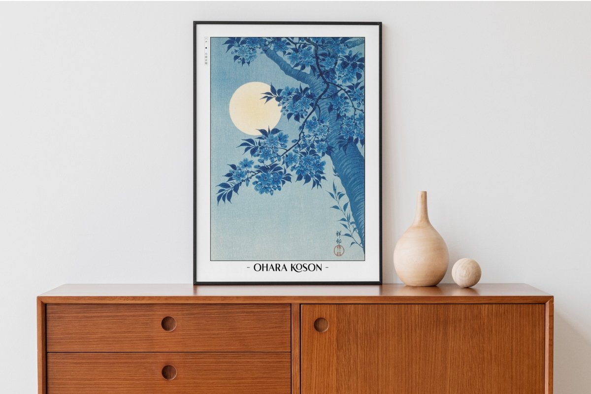 Ohara Koson - Blossoming Cherry on a Moonlit Night - Artist Name with Decor