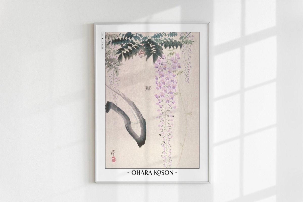 Ohara Koson - Wisteria & Bee - Artist Name - White Frame