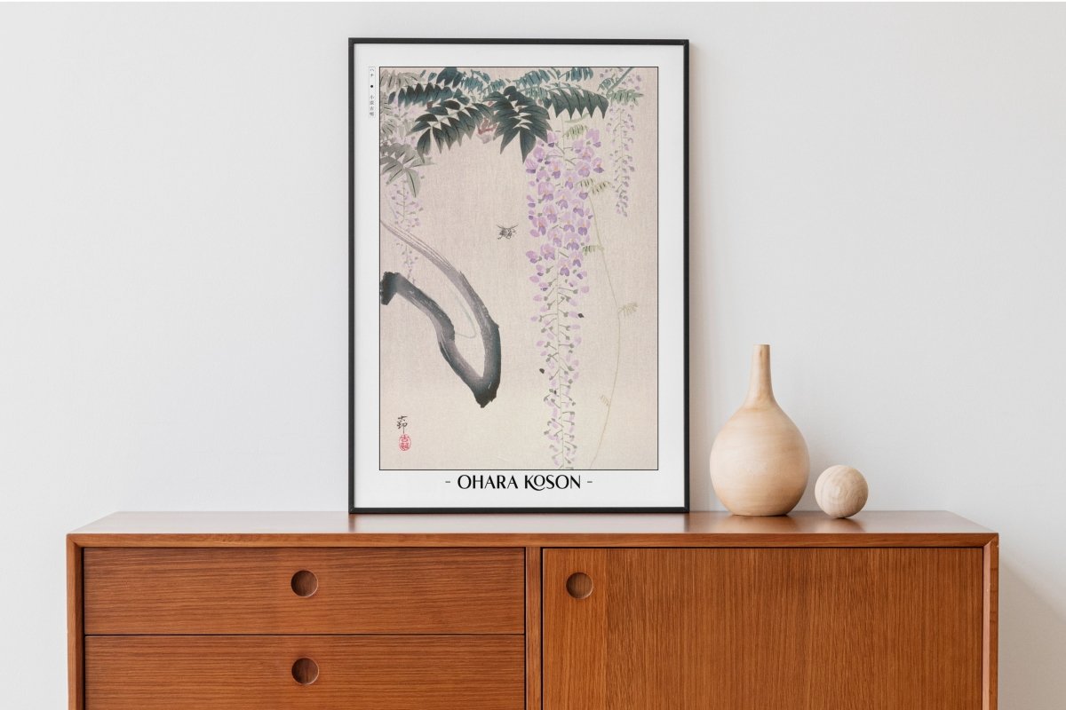Ohara Koson - Wisteria & Bee - Artist Name with Decor