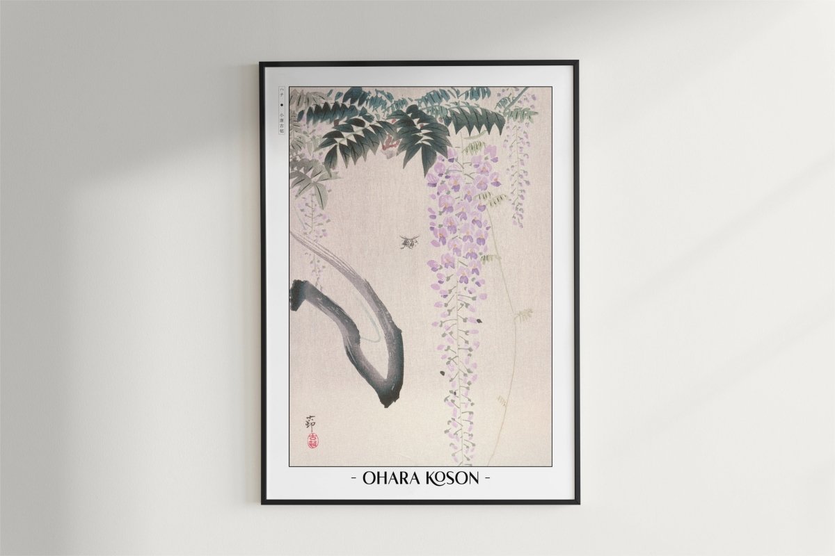 Ohara Koson - Wisteria & Bee - Artist Name - Black Frame