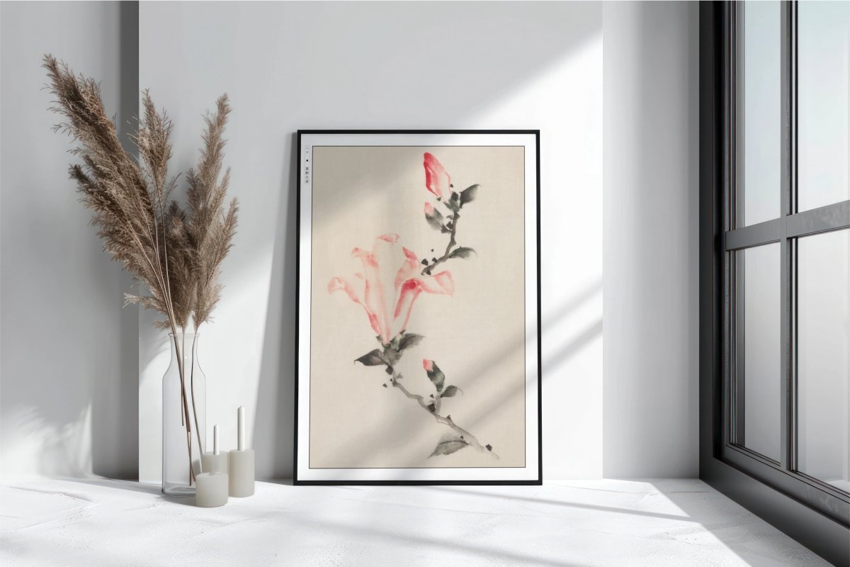 Hokusai - Large Pink Blossoms on a Stem - Art Only with Decor