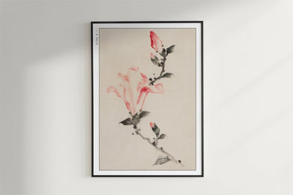 Hokusai - Large Pink Blossoms on a Stem - Art Only - Black Frame