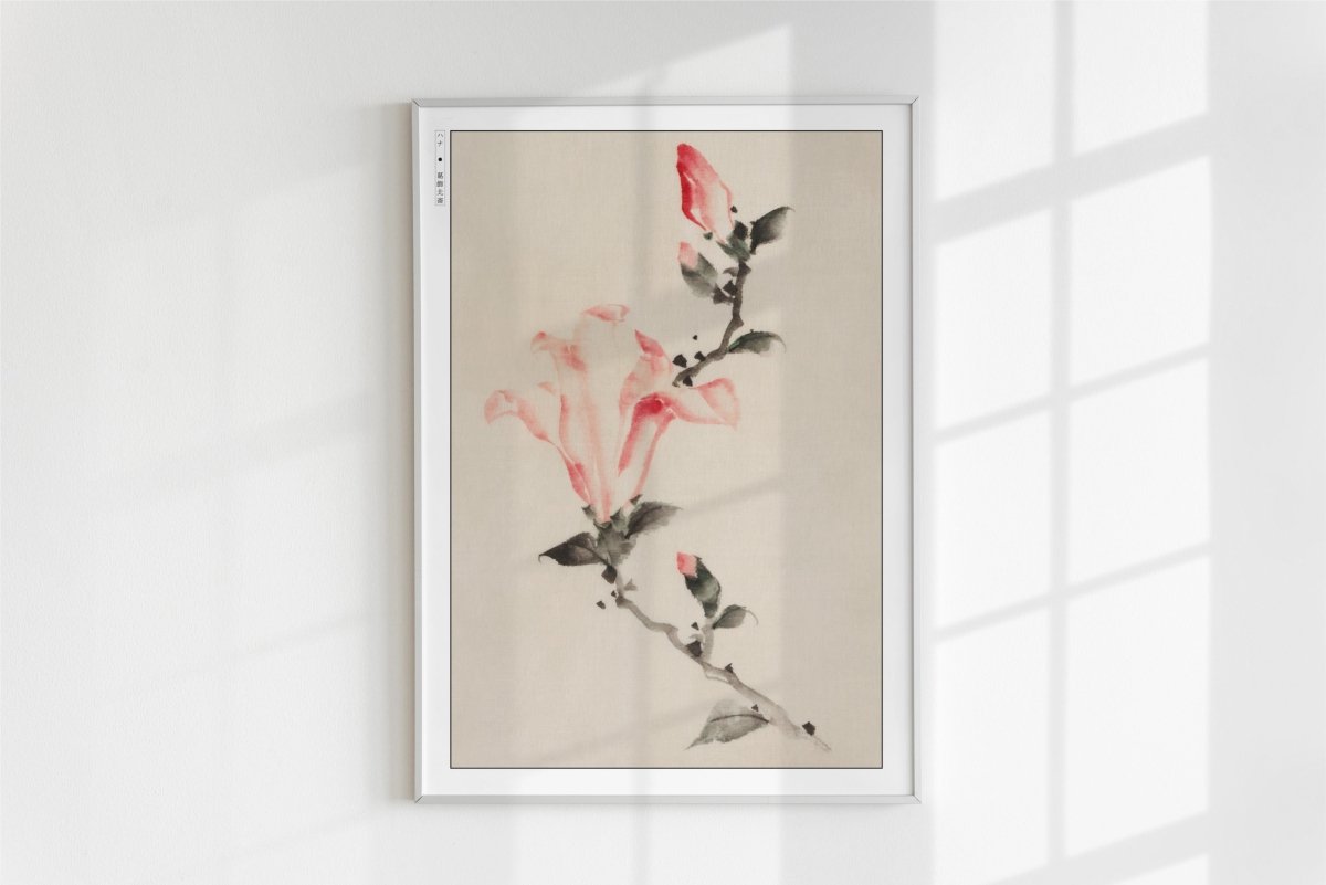 Hokusai - Large Pink Blossoms on a Stem - Art Only - White Frame