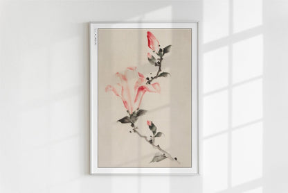 Hokusai - Large Pink Blossoms on a Stem - Art Only - White Frame