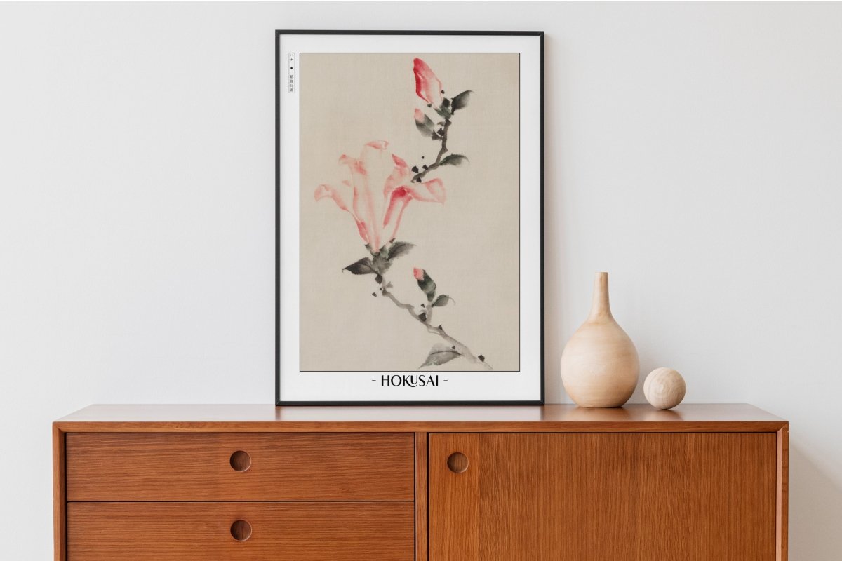 Hokusai - Large Pink Blossoms on a Stem - Artist Name with Decor