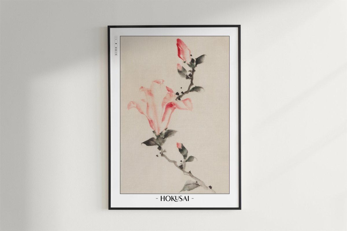 Hokusai - Large Pink Blossoms on a Stem - Artist Name - Black Frame