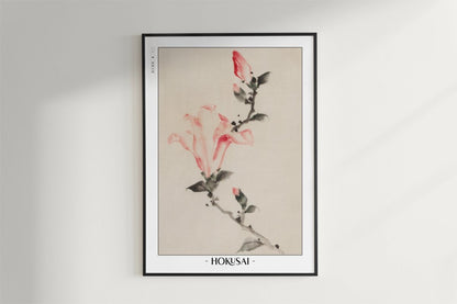 Hokusai - Large Pink Blossoms on a Stem - Artist Name - Black Frame