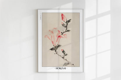 Hokusai - Large Pink Blossoms on a Stem - Artist Name - White Frame