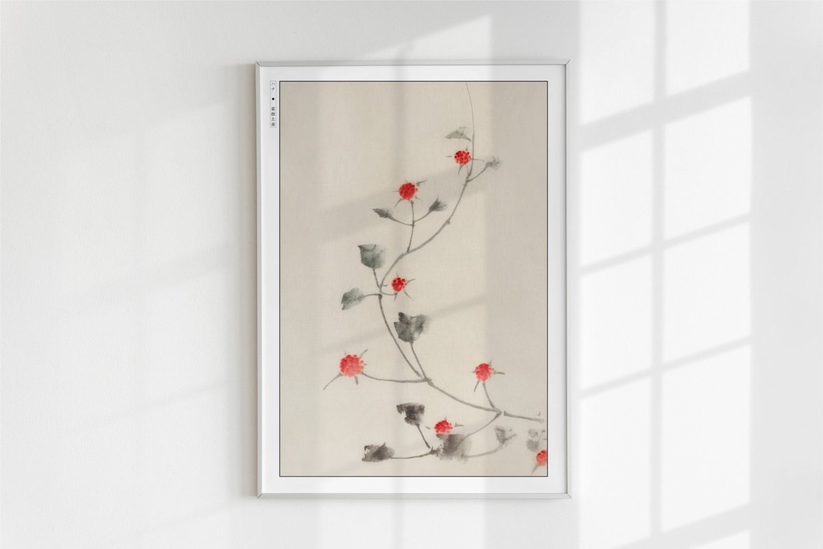 Hokusai - Small Red Blossoms on a Vine - Art Only - White Frame