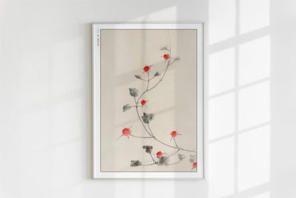Hokusai - Small Red Blossoms on a Vine - Art Only - White Frame