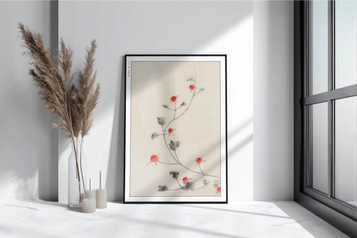 Hokusai - Small Red Blossoms on a Vine - Art Only with Decor