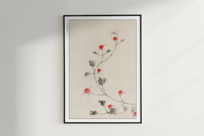 Hokusai - Small Red Blossoms on a Vine - Art Only - Black Frame