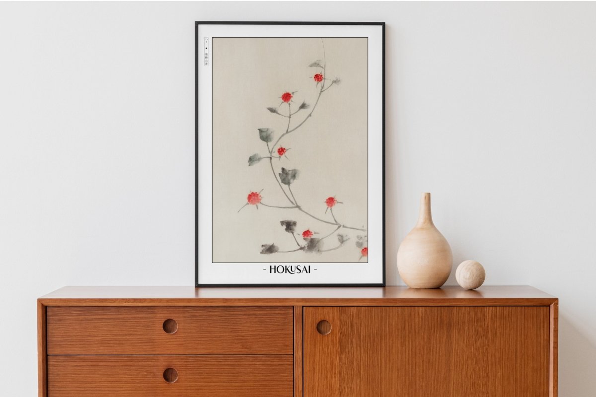 Hokusai - Small Red Blossoms on a Vine - Artist Name with Decor