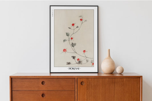 Hokusai - Small Red Blossoms on a Vine - Artist Name with Decor
