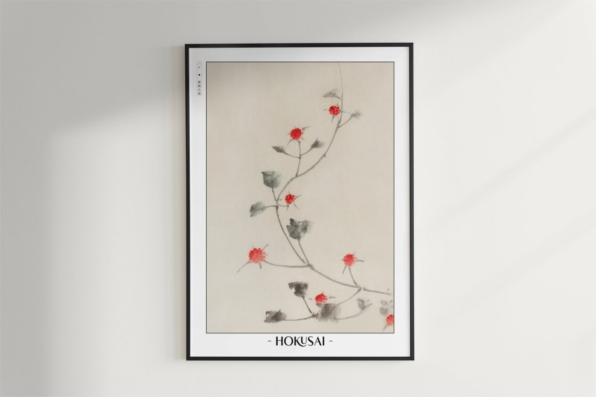 Hokusai - Small Red Blossoms on a Vine - Artist Name - Black Frame