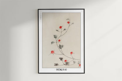 Hokusai - Small Red Blossoms on a Vine - Artist Name - Black Frame