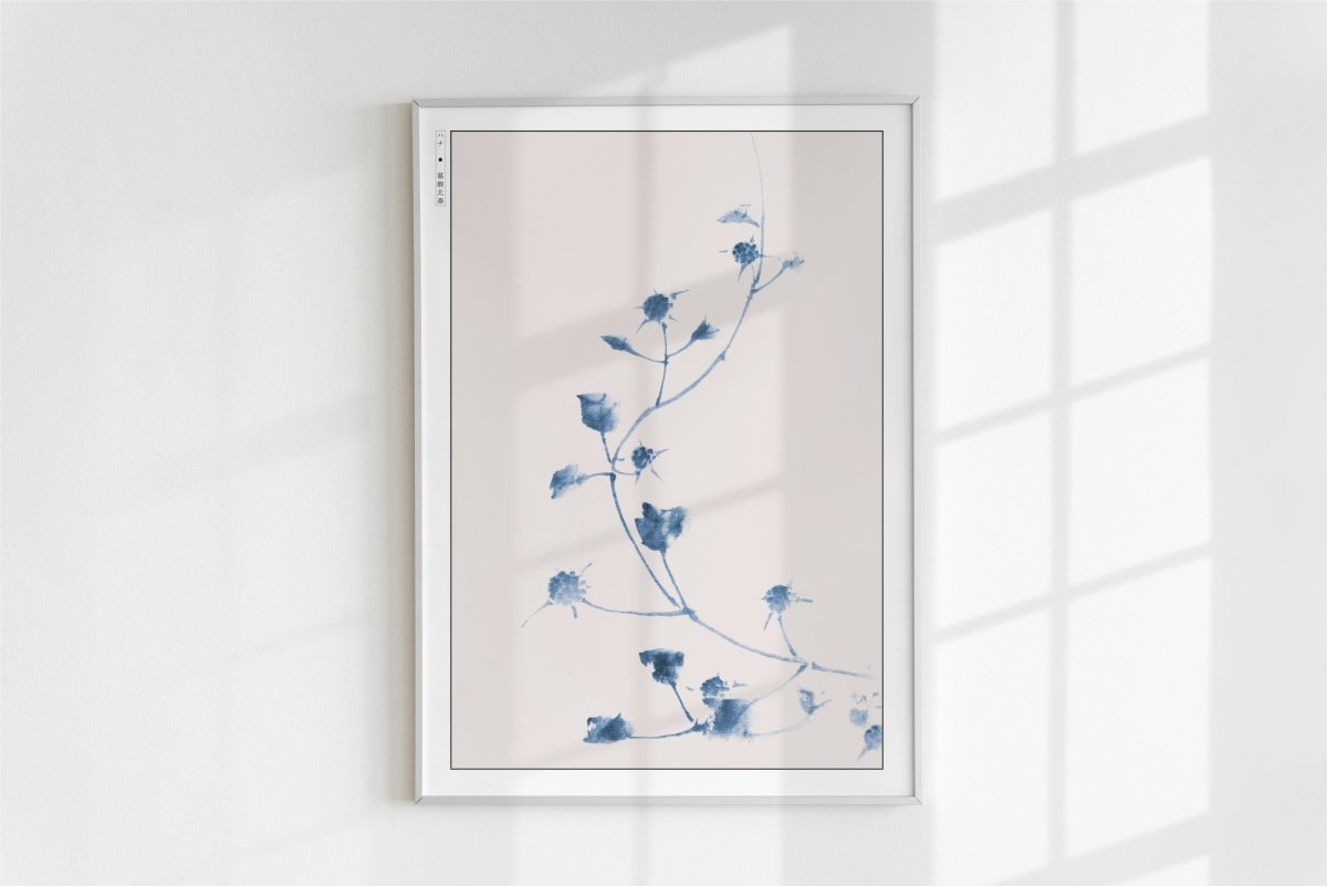 Hokusai - Small Blue Blossoms on a Vine - Art Only - White Frame