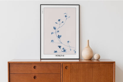 Hokusai - Small Blue Blossoms on a Vine - Artist Name with Decor