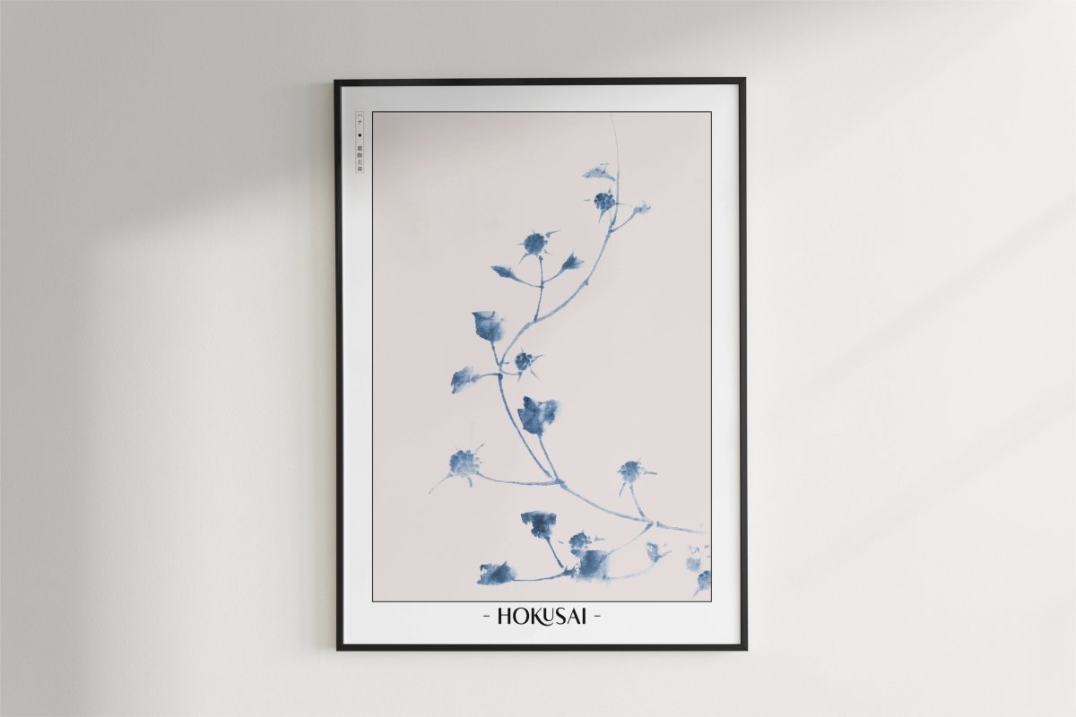 Hokusai - Small Blue Blossoms on a Vine - Artist Name - Black Frame