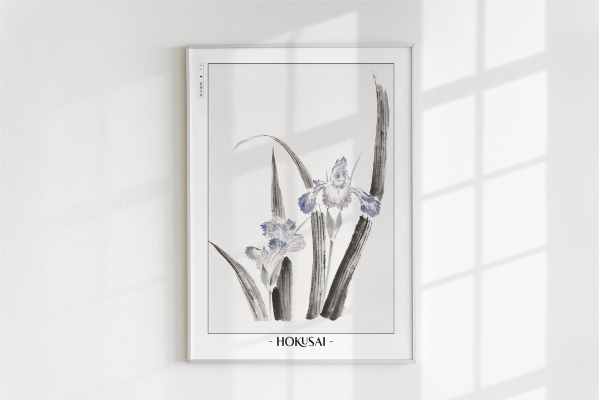Hokusai - Japanese Irises - Artist Name - White Frame