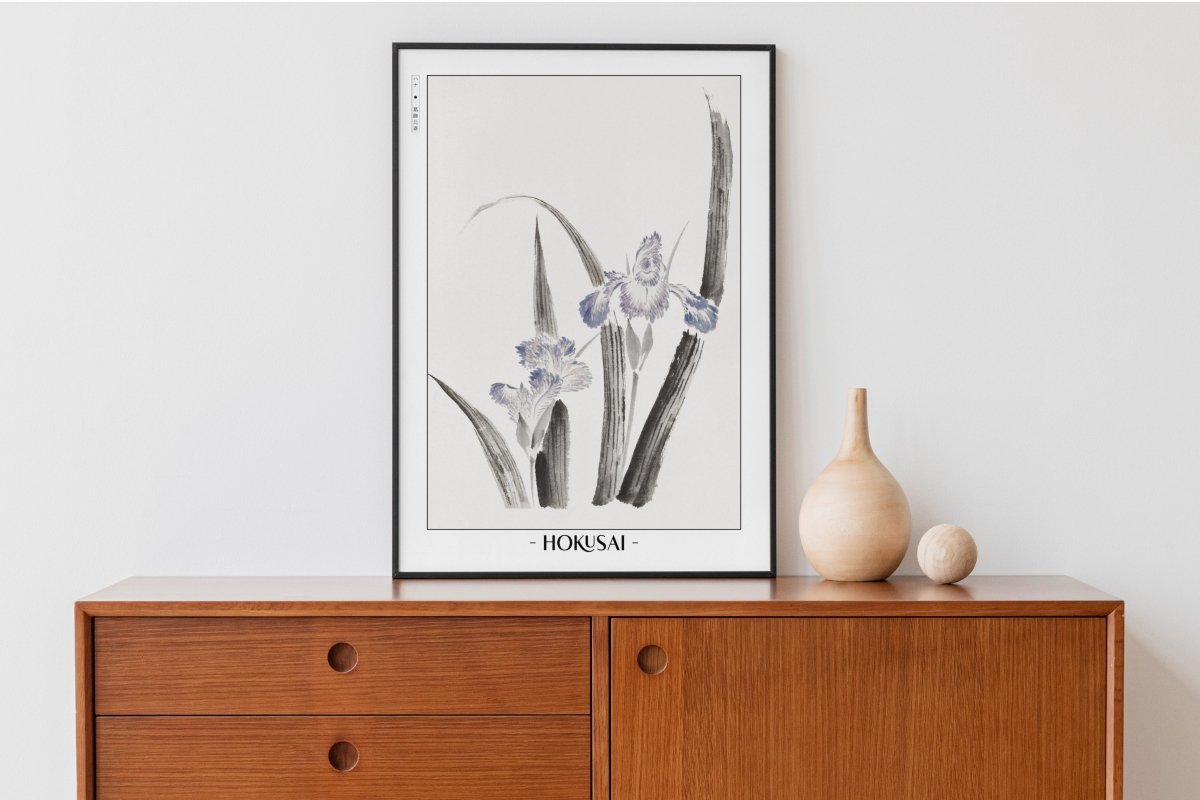 Hokusai - Japanese Irises - Artist Name with Decor