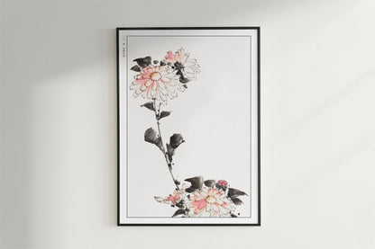 Hokusai - Pink Flower Blossoms on Low Stalk - Art Only - Black Frame