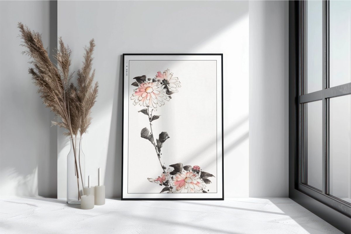 Hokusai - Pink Flower Blossoms on Low Stalk - Art Only with Decor