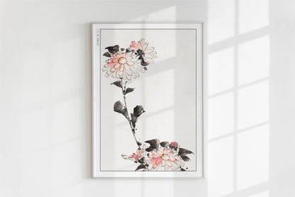 Hokusai - Pink Flower Blossoms on Low Stalk - Art Only - White Frame