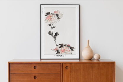 Hokusai - Pink Flower Blossoms on Low Stalk - Artist Name with Decor