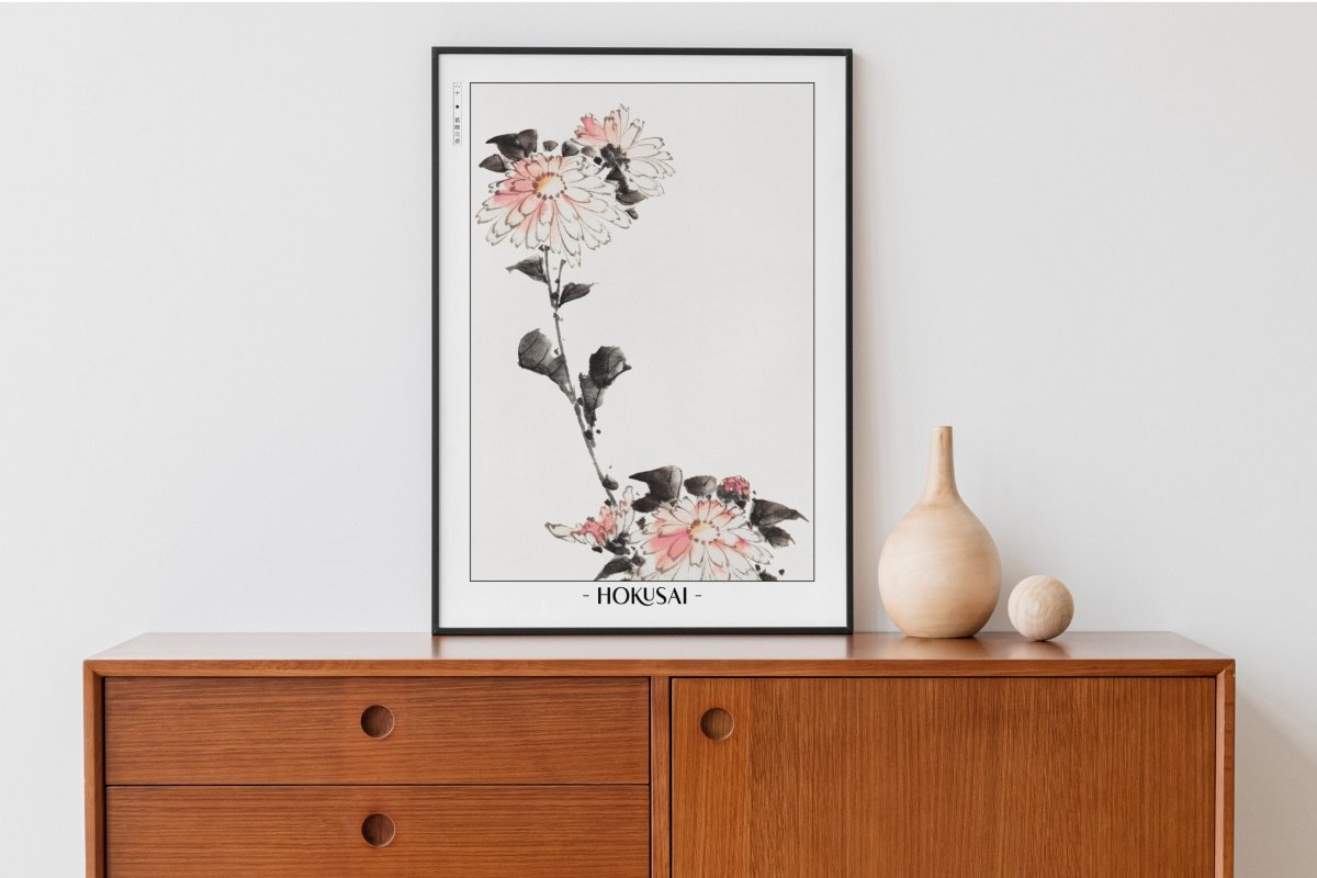 Hokusai - Pink Flower Blossoms on Low Stalk - Artist Name with Decor