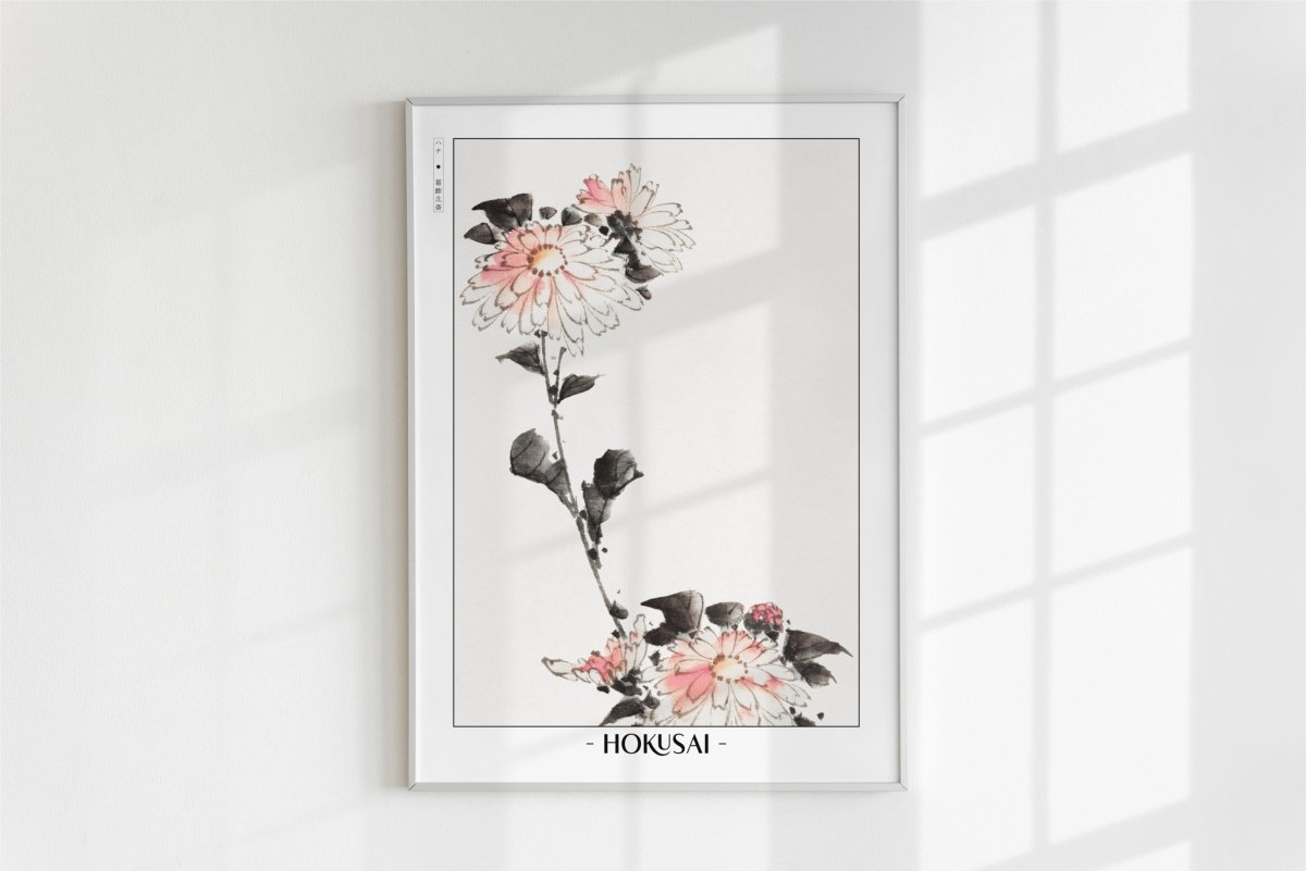 Hokusai - Pink Flower Blossoms on Low Stalk - Artist Name - White Frame