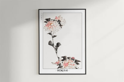 Hokusai - Pink Flower Blossoms on Low Stalk - Artist Name - Black Frame