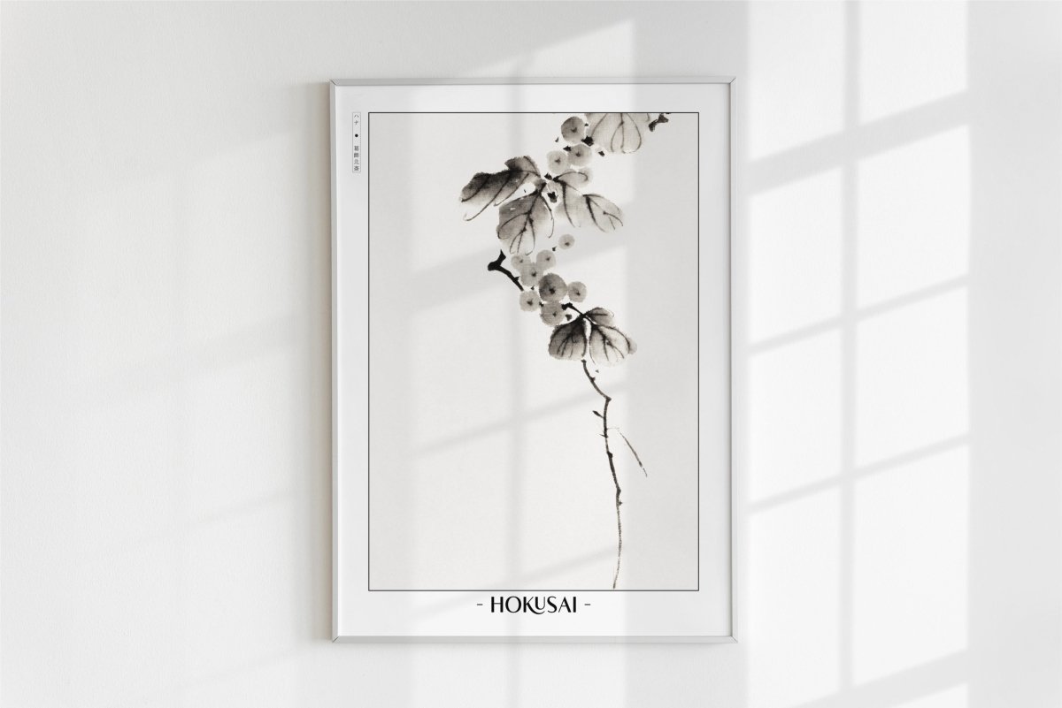 Hokusai - Berry Branch - Artist Name - White Frame