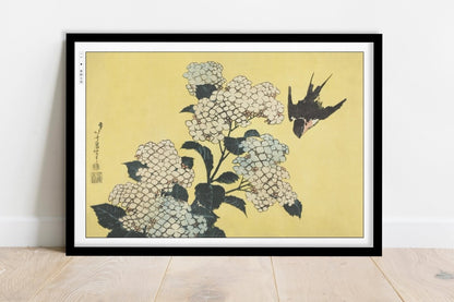 Hokusai - Hydrangeas & Swallow - Art Only - Black Frame