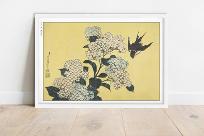 Hokusai - Hydrangeas & Swallow - Art Only - White Frame
