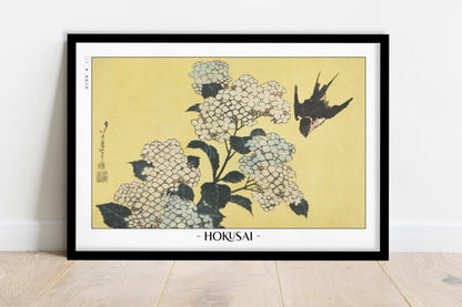Hokusai - Hydrangeas & Swallow - Artist Name - Black Frame