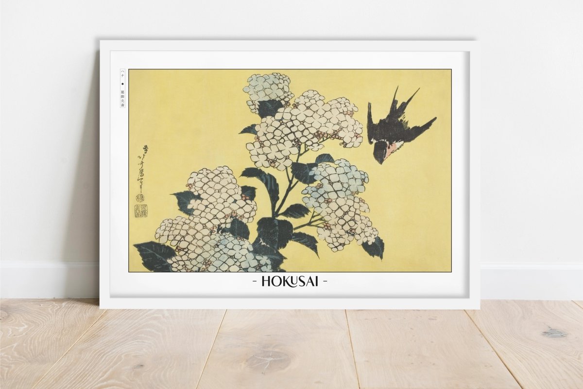 Hokusai - Hydrangeas & Swallow - Artist Name - White Frame