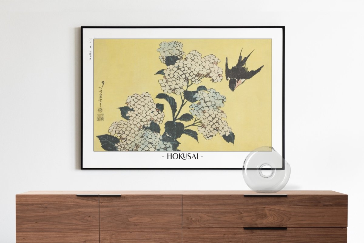 Hokusai - Hydrangeas & Swallow - Artist Name with Decor