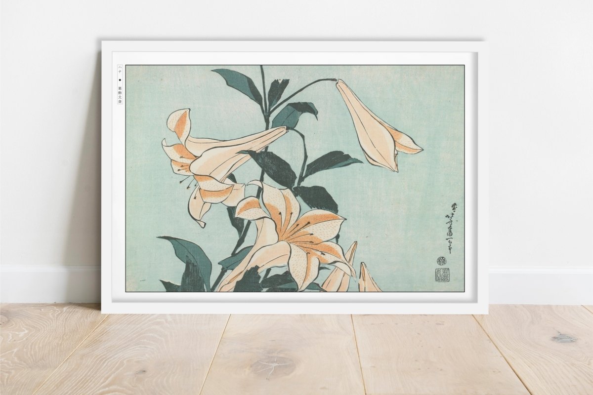 Hokusai - Lilies - Art Only - White Frame