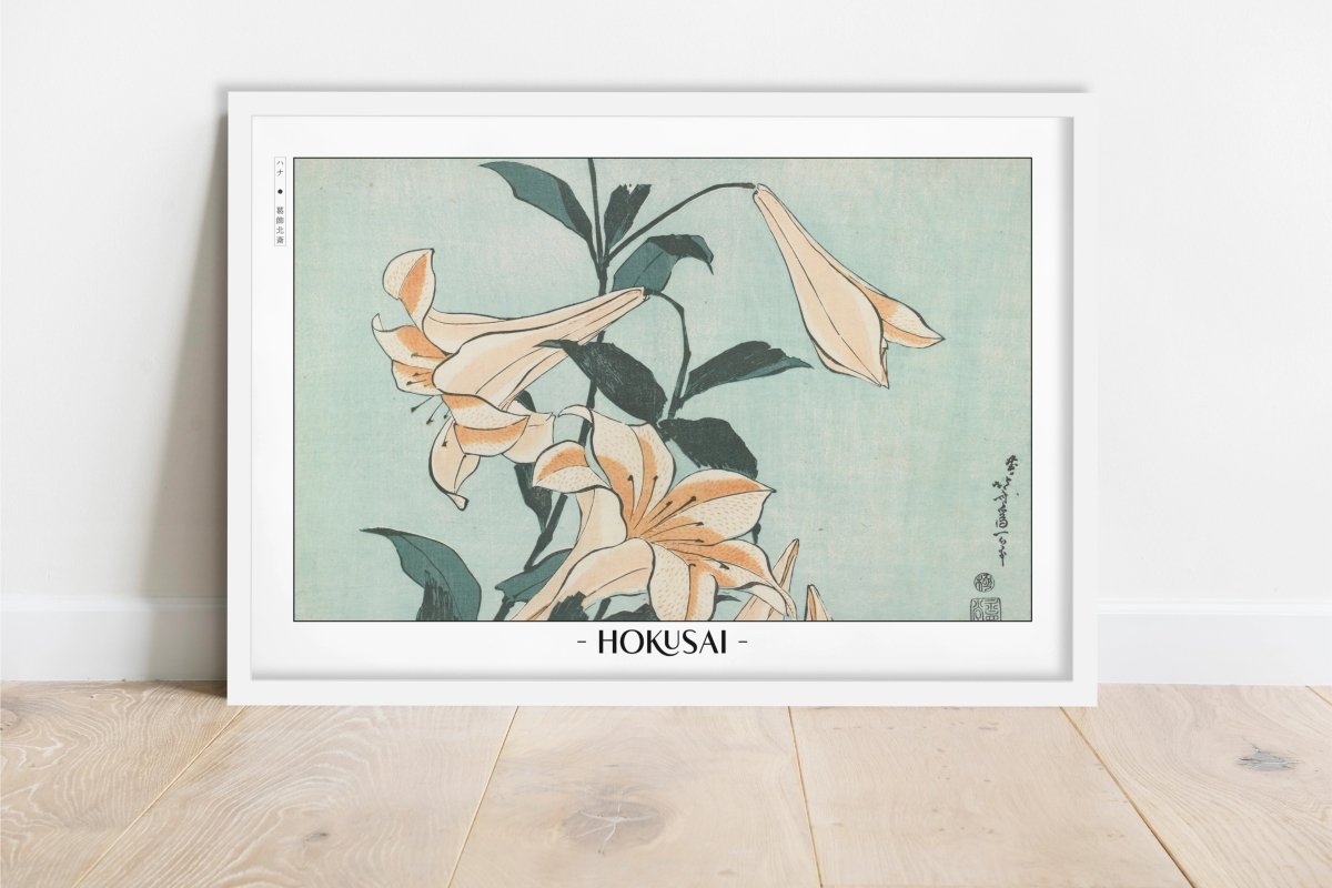 Hokusai - Lilies - Artist Name - White Frame
