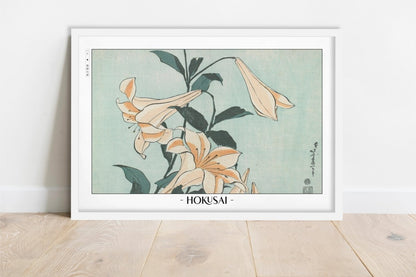 Hokusai - Lilies - Artist Name - White Frame