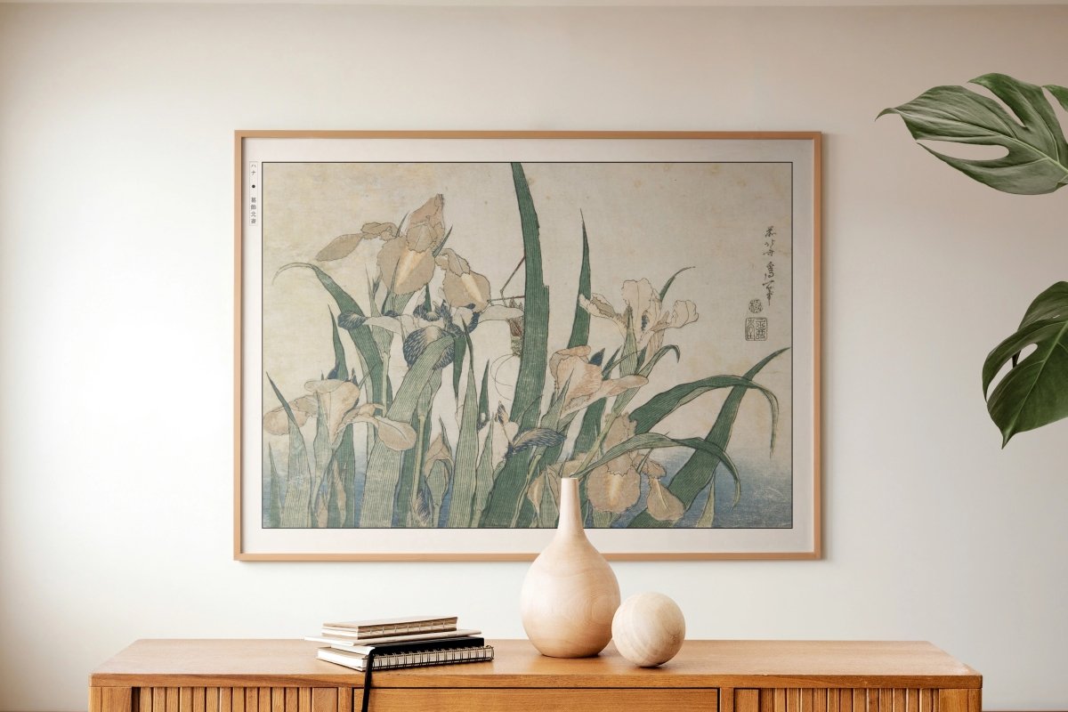 Hokusai - Irises & Grasshopper - Art Only with Decor