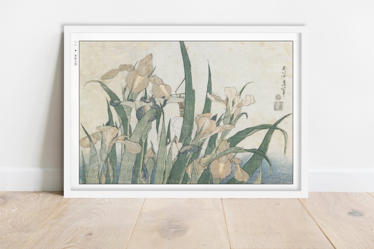 Hokusai - Irises & Grasshopper - Art Only - White Frame