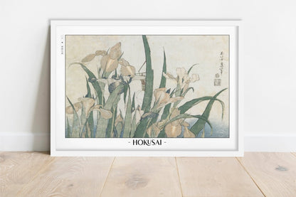 Hokusai - Irises & Grasshopper - Artist Name - White Frame