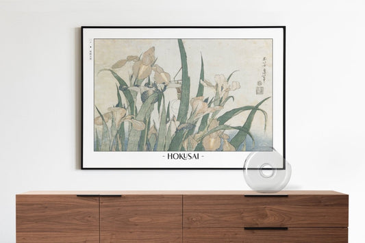 Hokusai - Irises & Grasshopper - Artist Name with Decor