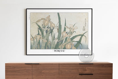 Hokusai - Irises & Grasshopper - Artist Name with Decor