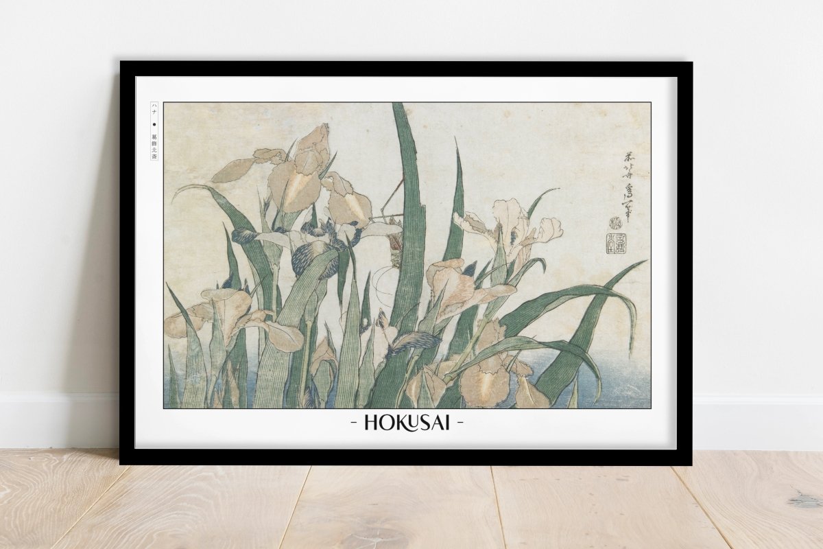 Hokusai - Irises & Grasshopper - Artist Name - Black Frame