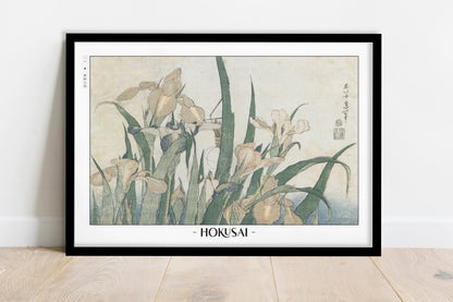 Hokusai - Irises & Grasshopper - Artist Name - Black Frame